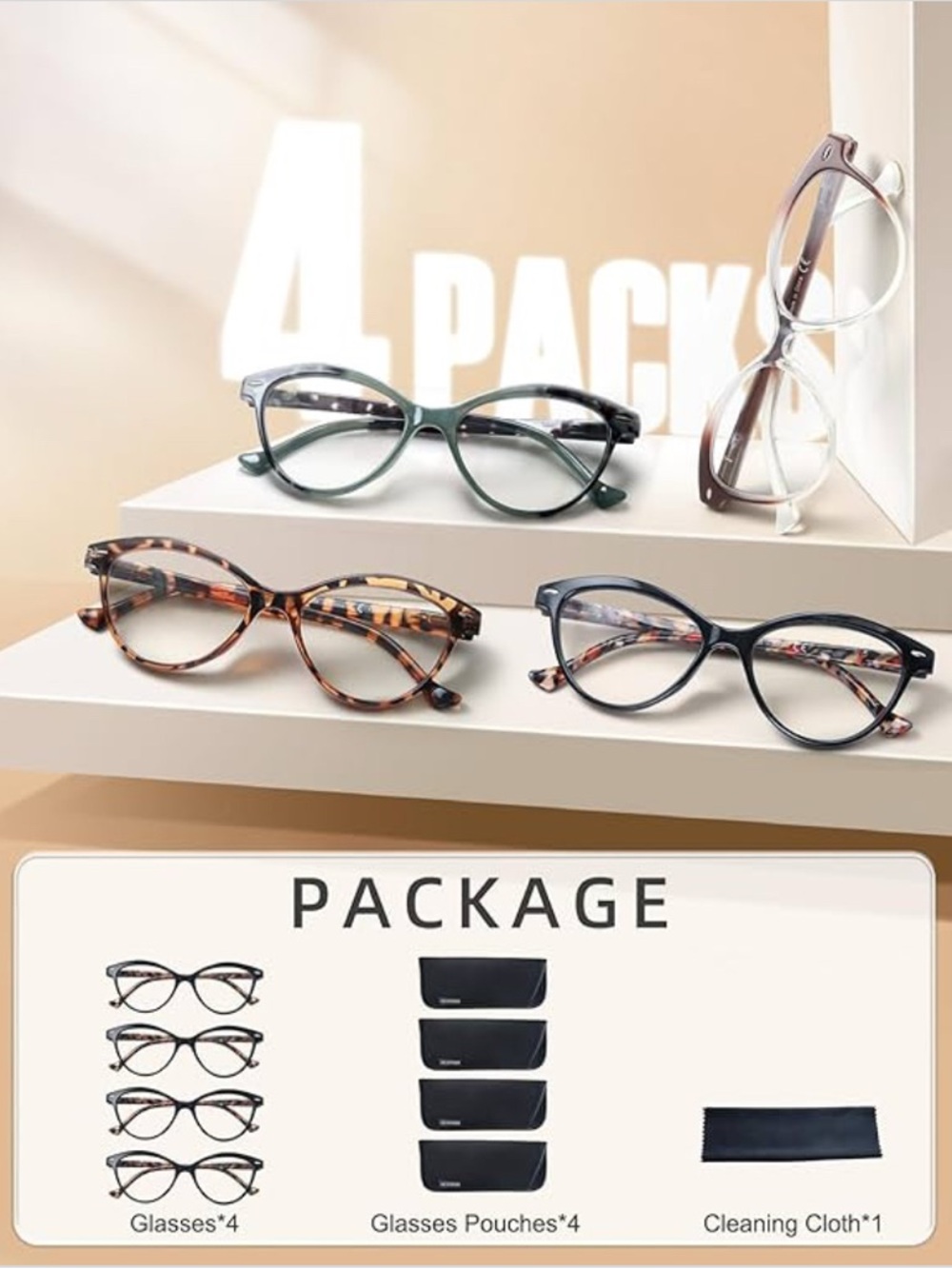 4-Pack Women's Cat Eye Reading Glasses - Black, Tortoise & Green “1.0”